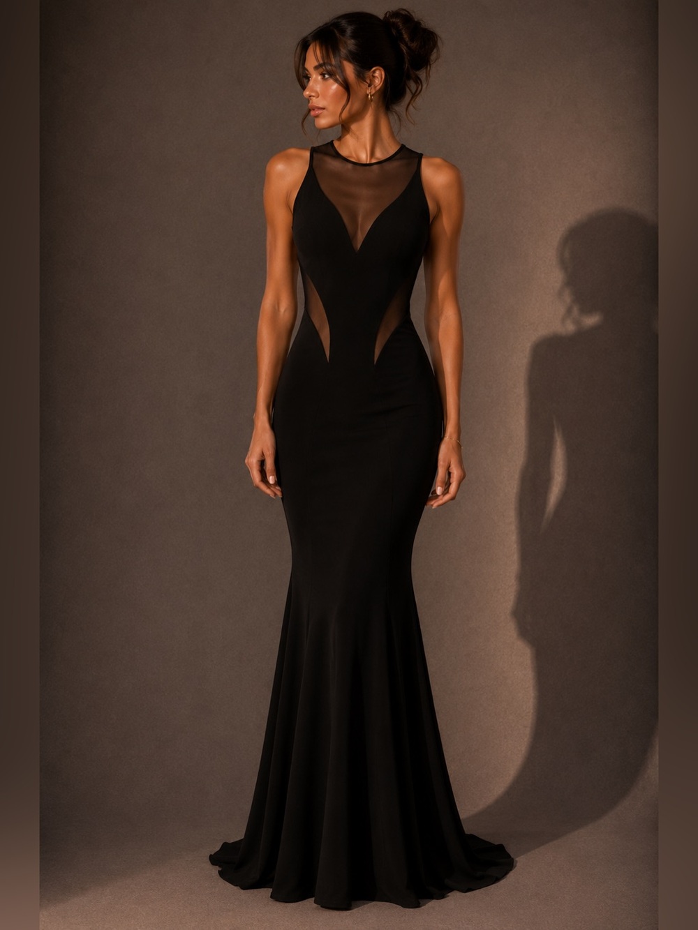 Betsy & Adam Black Illusion Mesh Cutout Mermaid Prom Evening Gown Dress 4
